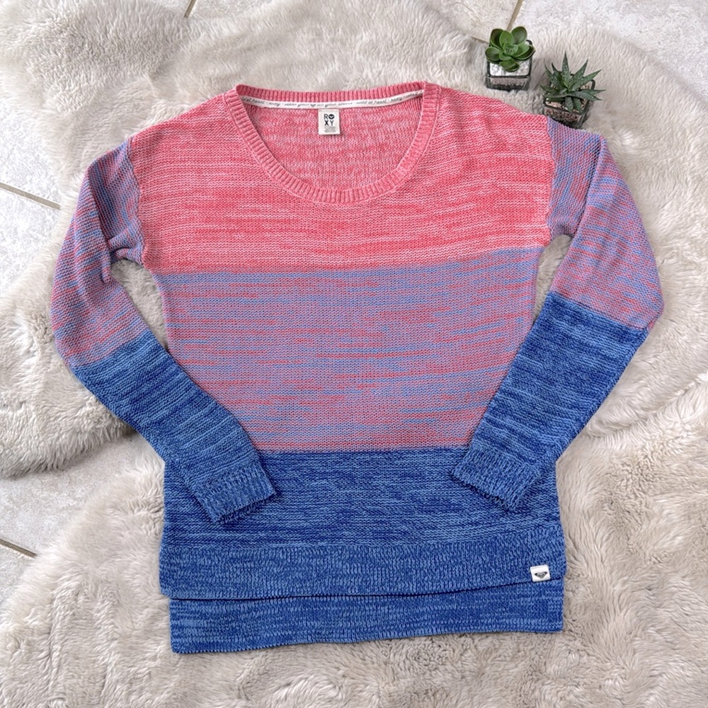 Roxy Sweater Pink Blue Ombré Thick Stripes Knit Pullover Size XL Summer Beach